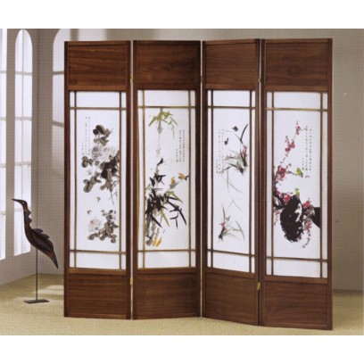 Floral paintings printed 4 panel folding screen walnut finish